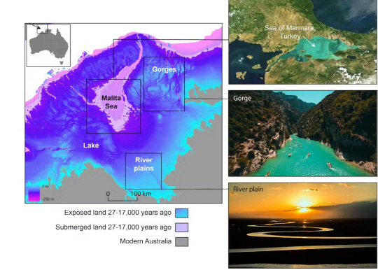 마지막 빙하기에 호주 북서부 대륙붕의 상황. 회색이 현재 호주 대륙의 땅이고 파란색은 빙하기에 땅이었던 곳이다. 연보라색은 당시에 바다였던 곳이다. 당시에 바다 위로 드러난 지역에 강, 내해, 호수 등이 있었다. <출처:미국 지질 조사국, Geoscience Australia>